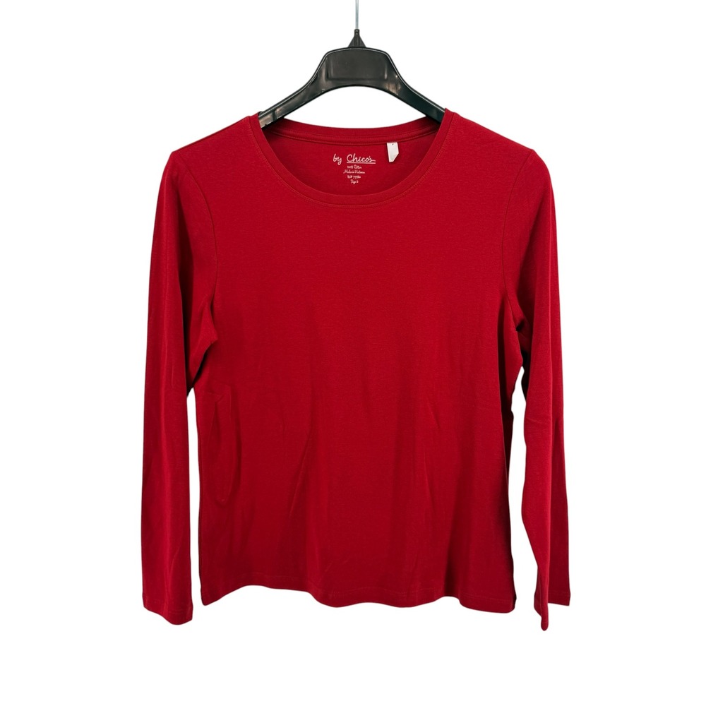 Chico's Top Womens‎ 2/Large Pre-Owned LS Tee Red Solid Cotton Crew Neck Basic